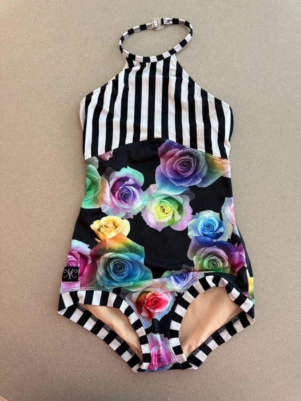 Kandi Kouture Tween CXL High Neck Halter Dance Top – Black Stripe & Floral Print